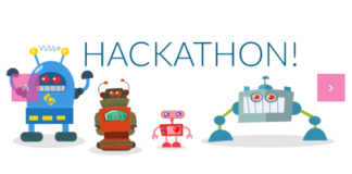 scritta hackaton! con sotto dei robot disegnati