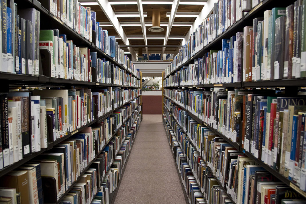 libri in scaffali di una biblioteca