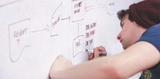 ragazzo che scrive un flowchart per java su una lavagna